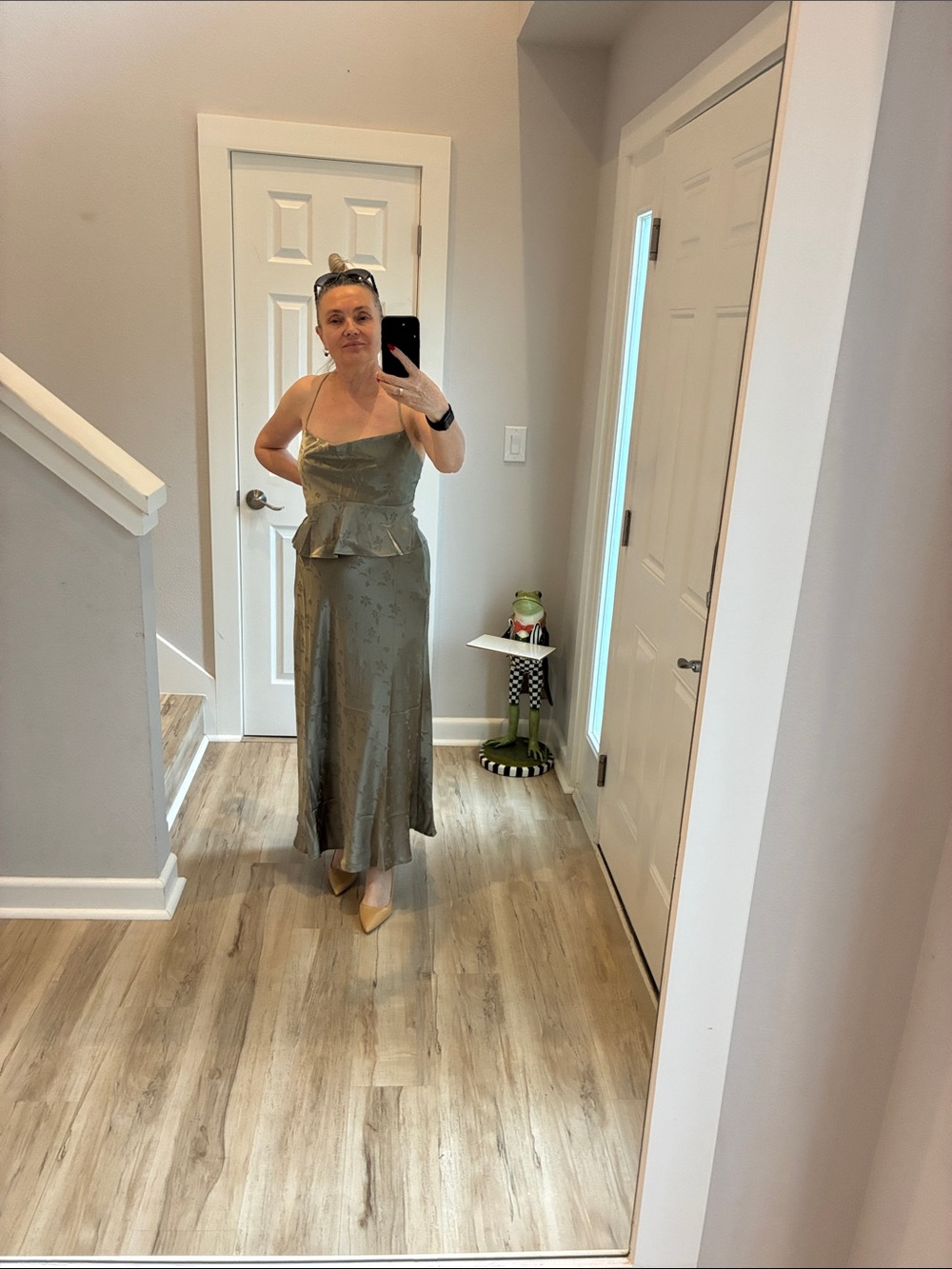 Satin Olive Green Spaghetti Strap Peplum Dress by Petal and Pup